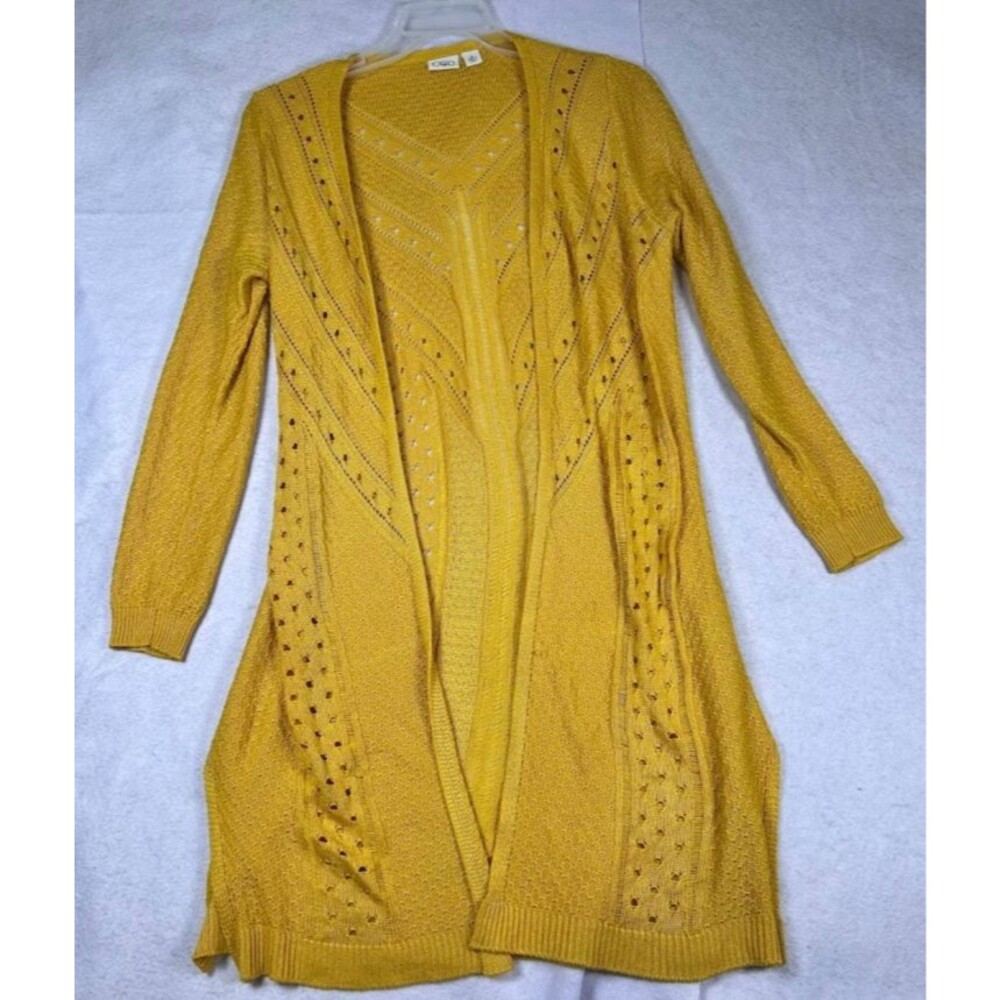 CATO Womens Medium Yellow Mustard Open Front Crochet Knit Long Cardigan Sweater